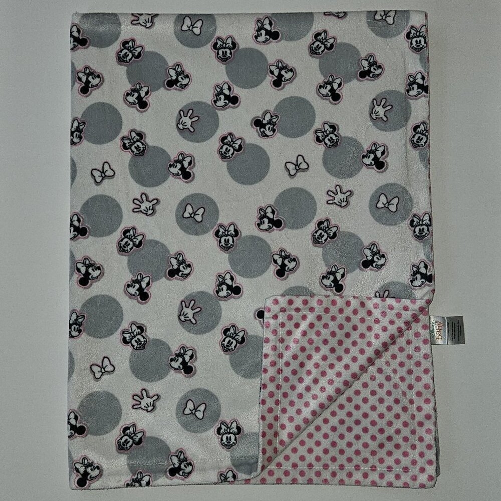 Disney Baby Minnie Mouse Reversible Blanket Gray White Pink Polka Dots Bow Hand